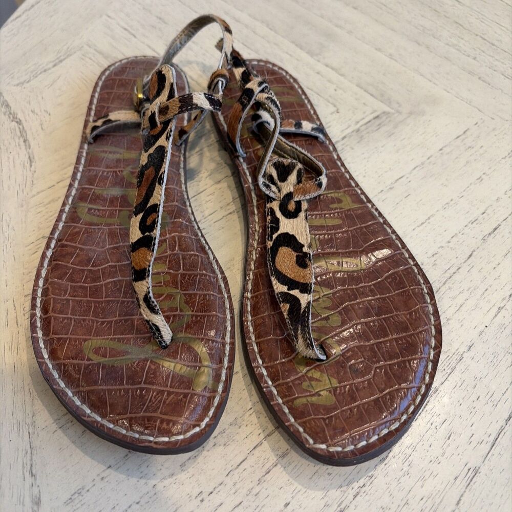 Sam Edelman Women’s Leather Leopard Print Thong Sandals Ankle Strap 8.5M
